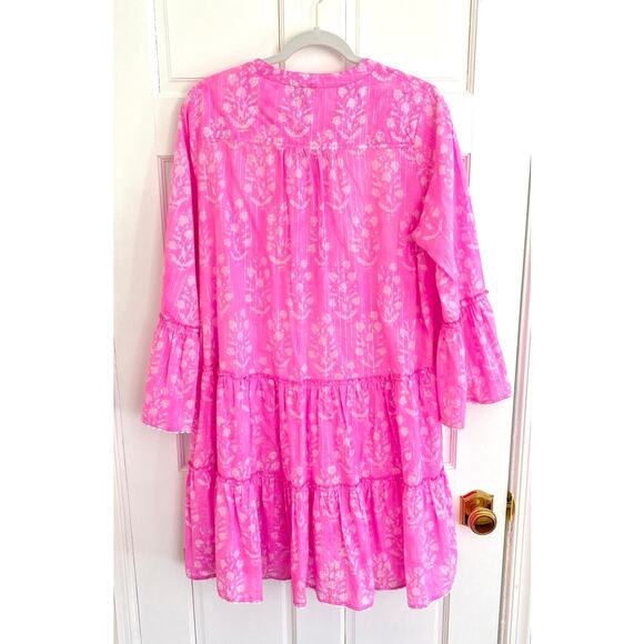 Juliet Dunn Tuckernuck Pink Print Orchid Small Flower Flared Sleeve Cotton Dress - Picture 12 of 13